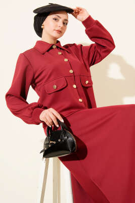 Düğmeli Sahte Cepli Scuba Etekli İkili Takım Bordo - İkili Takım