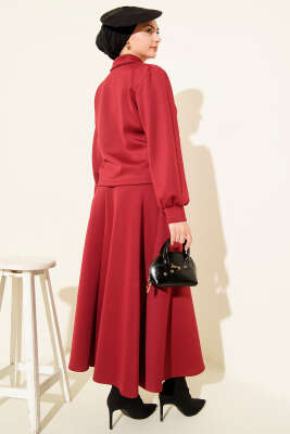 Düğmeli Sahte Cepli Scuba Etekli İkili Takım Bordo - İkili Takım