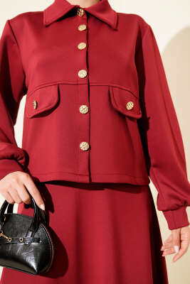 Düğmeli Sahte Cepli Scuba Etekli İkili Takım Bordo - İkili Takım