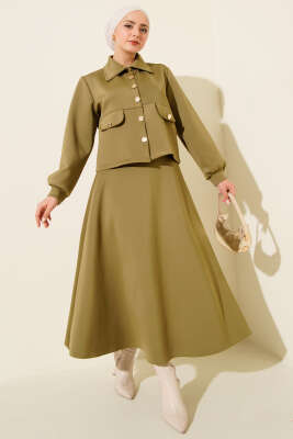Düğmeli Sahte Cepli Scuba Etekli İkili Takım Çağla Yeşili - TEGOE