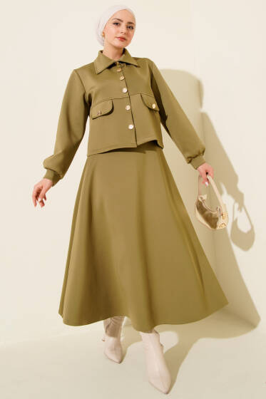 Düğmeli Sahte Cepli Scuba Etekli İkili Takım Çağla Yeşili - İkili Takım