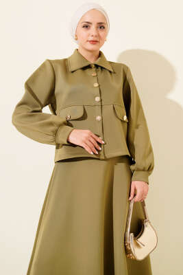 Düğmeli Sahte Cepli Scuba Etekli İkili Takım Çağla Yeşili - İkili Takım