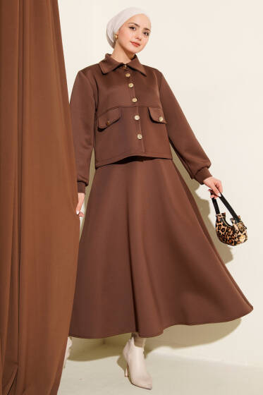 Düğmeli Sahte Cepli Scuba Etekli İkili Takım Kahve - İkili Takım