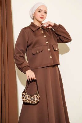Düğmeli Sahte Cepli Scuba Etekli İkili Takım Kahve - İkili Takım