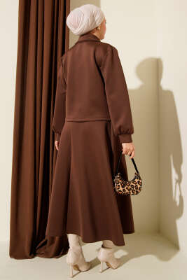 Düğmeli Sahte Cepli Scuba Etekli İkili Takım Kahve - İkili Takım