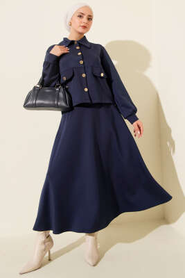 Düğmeli Sahte Cepli Scuba Etekli İkili Takım Lacivert - TEGOE