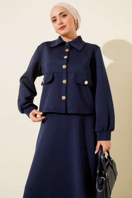 Düğmeli Sahte Cepli Scuba Etekli İkili Takım Lacivert - İkili Takım