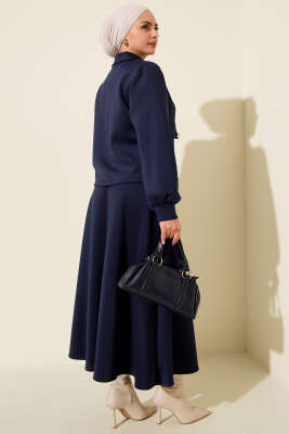 Düğmeli Sahte Cepli Scuba Etekli İkili Takım Lacivert - İkili Takım