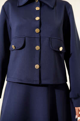 Düğmeli Sahte Cepli Scuba Etekli İkili Takım Lacivert - İkili Takım