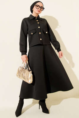 Düğmeli Sahte Cepli Scuba Etekli İkili Takım Siyah - TEGOE