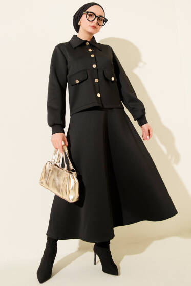 Düğmeli Sahte Cepli Scuba Etekli İkili Takım Siyah - İkili Takım