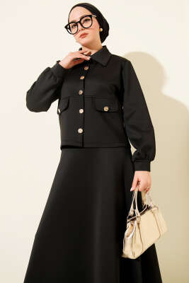 Düğmeli Sahte Cepli Scuba Etekli İkili Takım Siyah - İkili Takım