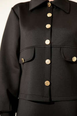 Düğmeli Sahte Cepli Scuba Etekli İkili Takım Siyah - İkili Takım