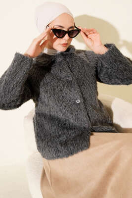 Düğmeli Sakallı Kısa Ceket Füme - DUFON