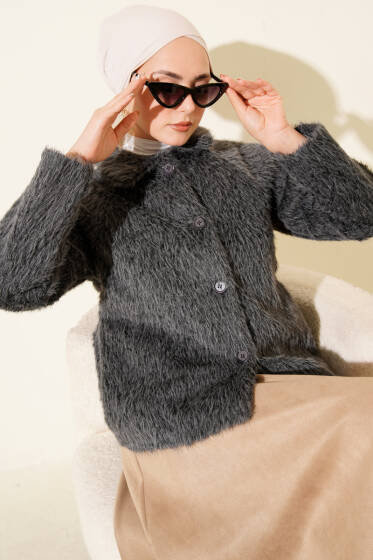 Düğmeli Sakallı Kısa Ceket Füme - Ceket