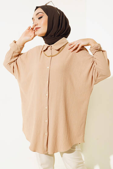 Düğmeli Salaş Bürümcük Gömlek Bej - Gömlek