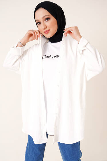 Düğmeli Salaş Bürümcük Gömlek Ekru - Gömlek