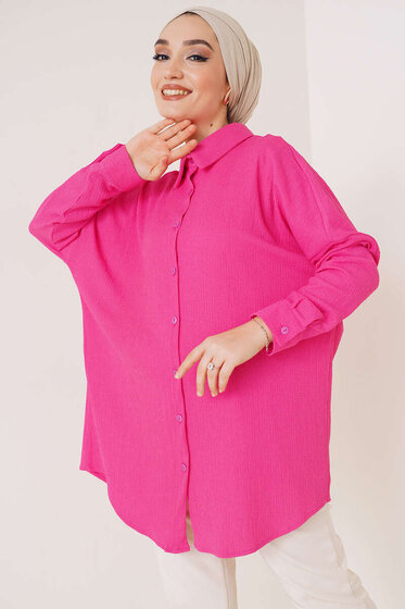Düğmeli Salaş Bürümcük Gömlek Fuşya - Gömlek