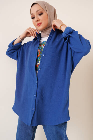 Düğmeli Salaş Bürümcük Gömlek İndigo - Gömlek