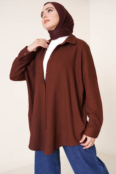 Düğmeli Salaş Bürümcük Gömlek Kahve - Gömlek