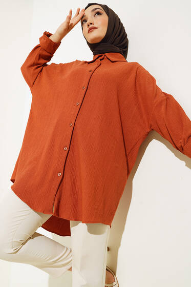 Düğmeli Salaş Bürümcük Gömlek Kiremit - Gömlek