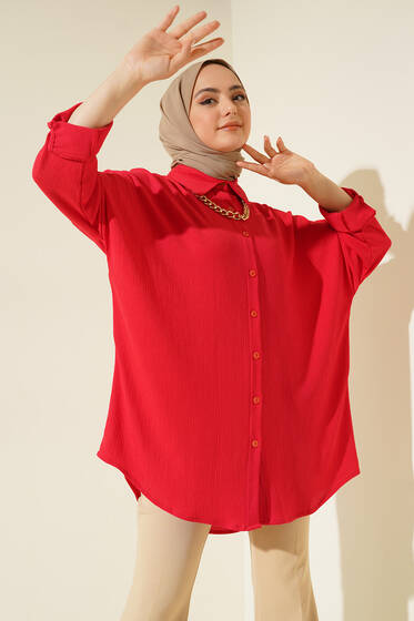 Düğmeli Salaş Bürümcük Gömlek Kırmızı - Gömlek