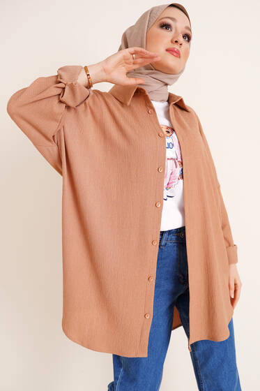 Düğmeli Salaş Bürümcük Gömlek Latte - Gömlek