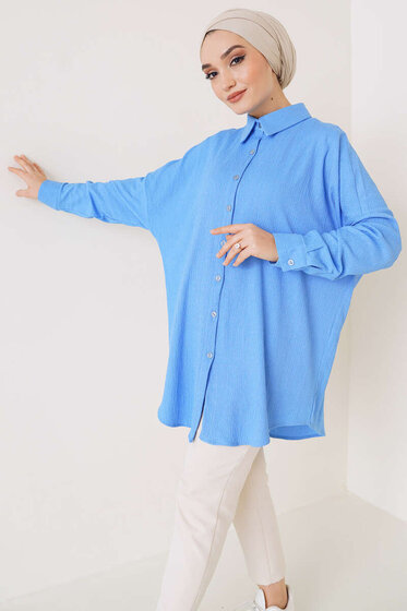Düğmeli Salaş Bürümcük Gömlek Mavi - Gömlek