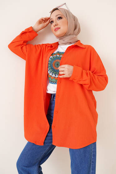 Düğmeli Salaş Bürümcük Gömlek Oranj - Gömlek