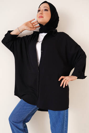 Düğmeli Salaş Bürümcük Gömlek Siyah - Gömlek