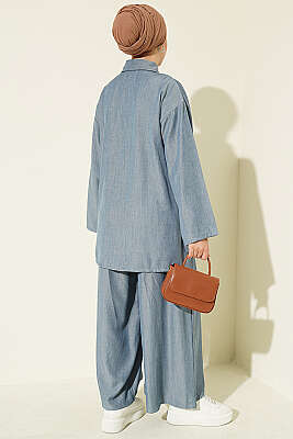 Düğmeli Salaş İkili Takım İndigo - İkili Takım