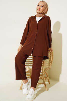 Düğmeli Salaş Tunik Pantolon İkili Takım Kahve - TEGOE