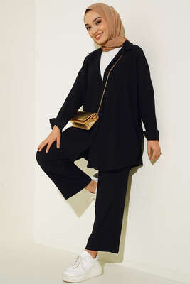 Düğmeli Salaş Tunik Pantolon İkili Takım Siyah 