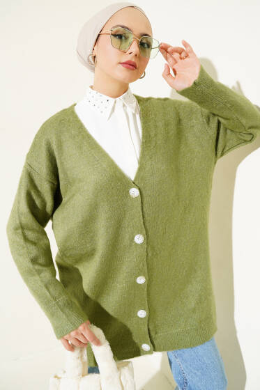 Düğmeli Salaş Yumoş Triko Hırka Haki - Hırka