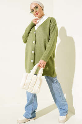 Düğmeli Salaş Yumoş Triko Hırka Haki - Triko Hırka