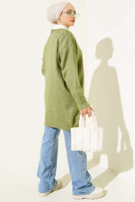 Düğmeli Salaş Yumoş Triko Hırka Haki - Triko Hırka