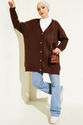 Düğmeli Salaş Yumoş Triko Hırka Kahve - Triko Hırka