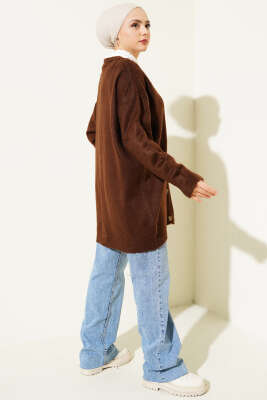 Düğmeli Salaş Yumoş Triko Hırka Kahve - Triko Hırka