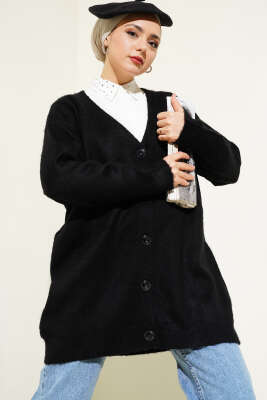 Düğmeli Salaş Yumoş Triko Hırka Siyah 