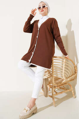 Düğmeli Şerit Detaylı Triko Hırka Kahve - Triko Hırka