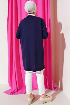 Düğmeli Şerit Detaylı Triko Hırka Lacivert - Triko Hırka