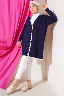 Düğmeli Şerit Detaylı Triko Hırka Lacivert - Triko Hırka