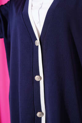 Düğmeli Şerit Detaylı Triko Hırka Lacivert - Triko Hırka