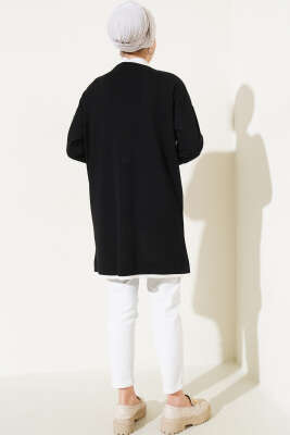 Düğmeli Şerit Detaylı Triko Hırka Siyah - Triko Hırka