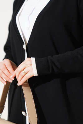 Düğmeli Şerit Detaylı Triko Hırka Siyah - Triko Hırka