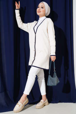 Düğmeli Şerit Detaylı Triko Hırka Vanilya - Triko Hırka