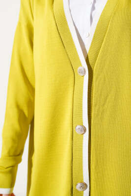 Düğmeli Şerit Detaylı Triko Hırka Yağ Yeşili - Triko Hırka