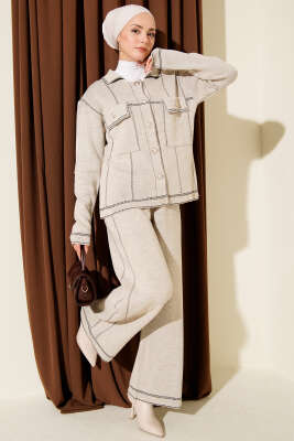 Düğmeli Şerit Detaylı Triko İkili Takım Bej - RAFİMİX