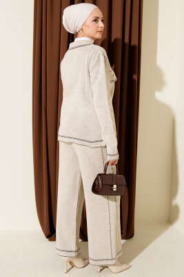 Düğmeli Şerit Detaylı Triko İkili Takım Bej - İkili Takım