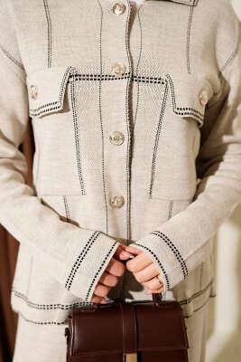 Düğmeli Şerit Detaylı Triko İkili Takım Bej - İkili Takım